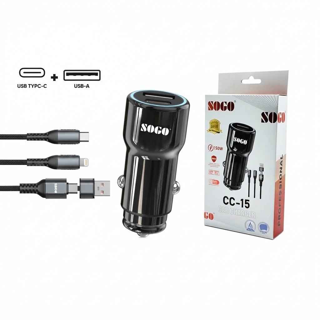SOGO CC-15 150W Fast Car Charger with USB-C & USB-A Port 12-24V