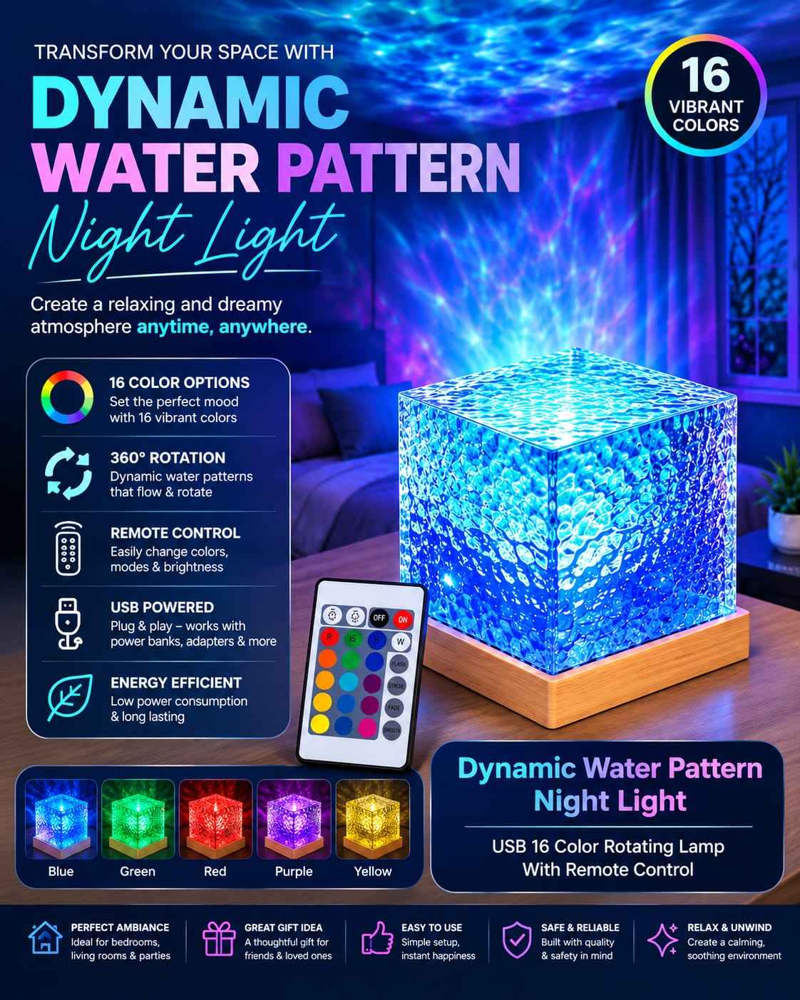 USB Dynamic Water Pattern Lamp – 16 Colours with Remote
